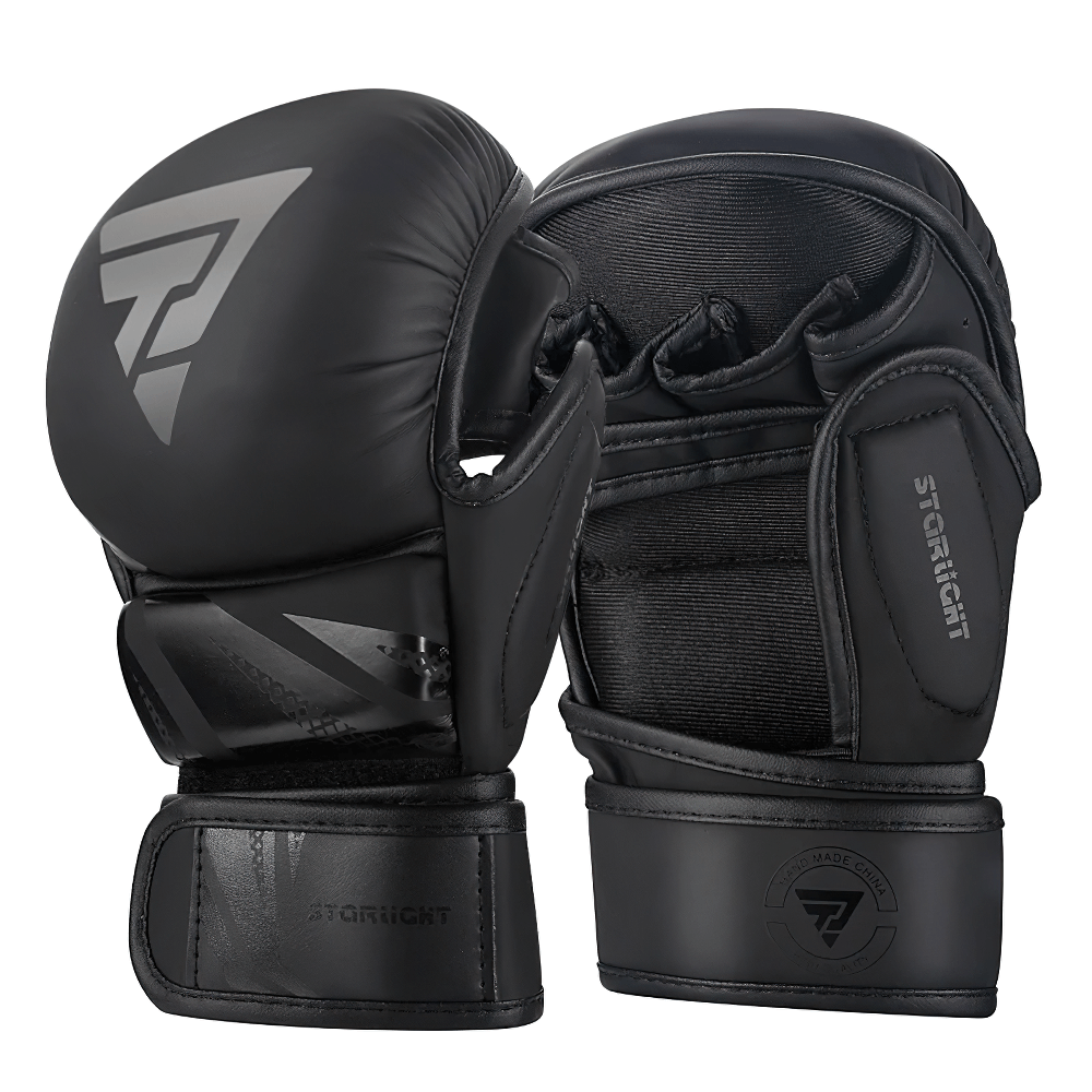 Black MMA training gloves SF2691 with quad-dome padding and open-palm design for boxing and kickboxing, featuring reinforced wrist support.
